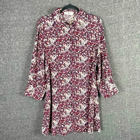 NWT Natural Life Women’s Floral Boho 3/4 Sleeve Collared Shirt Dress Burgundy L - Picture 4 of 14